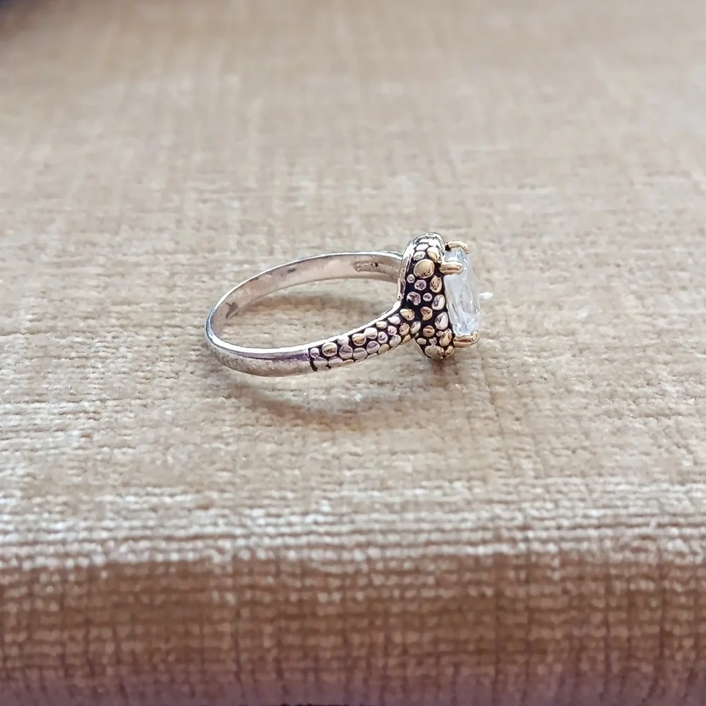 Rhinestone Pebbled Gold and Silver Textured Silver Ring